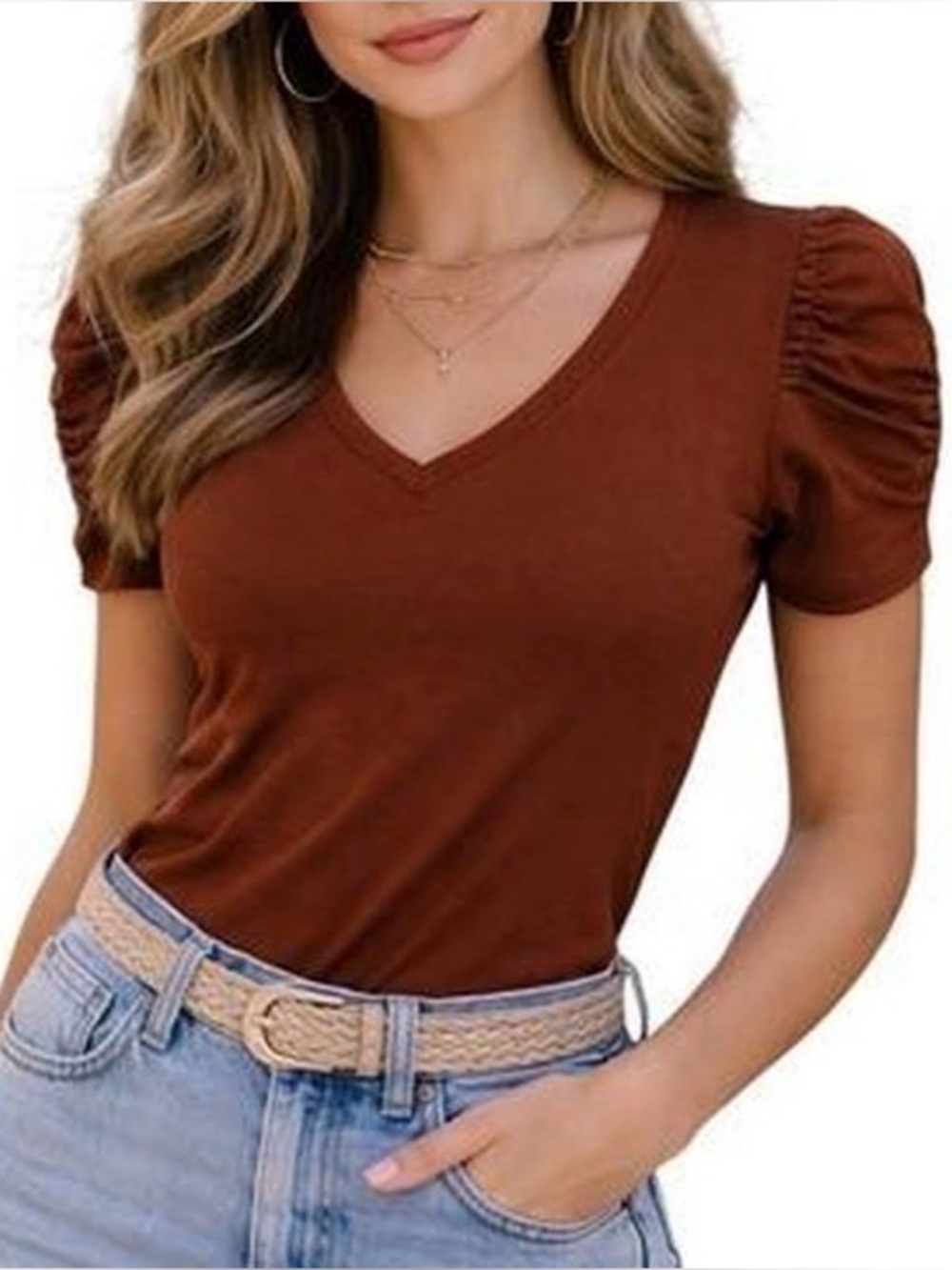 NWT T Tahari Women's V-Neck Puff Sleeve Top - cinnamon Size S
